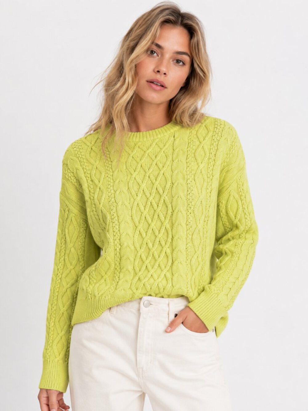 J Crew Aran Fisherman Cotton Cable Knit Pullover Chartreuse Small